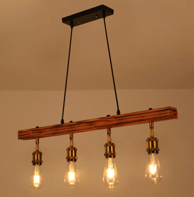 Lustre poutre en bois de 80 cm à 4 douilles dorées orientables