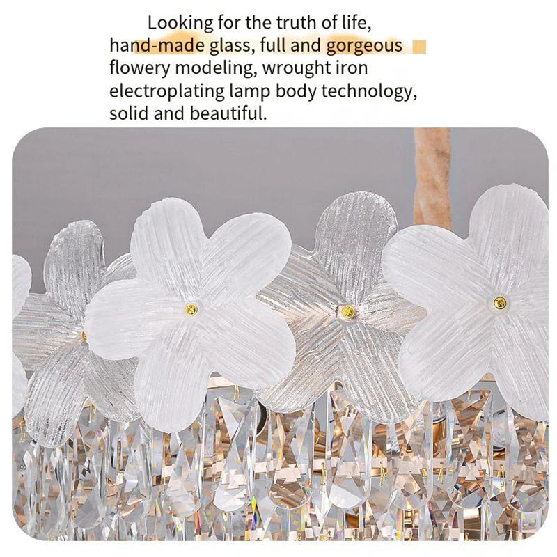 Lustre en cristal couronné de fleurs en verre blanc, rond ou ovale