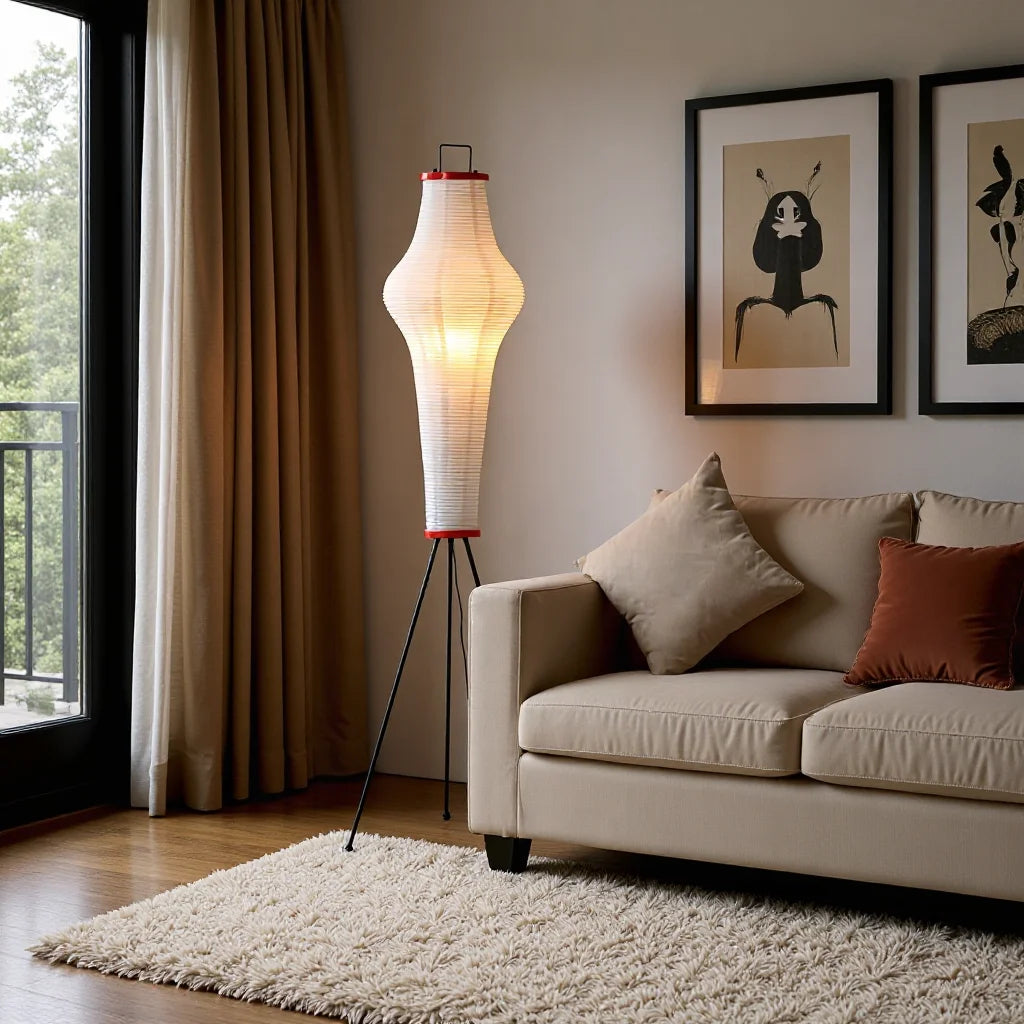 Lampadaire en papier de riz sur trépied, silhouette élancée 162 cm