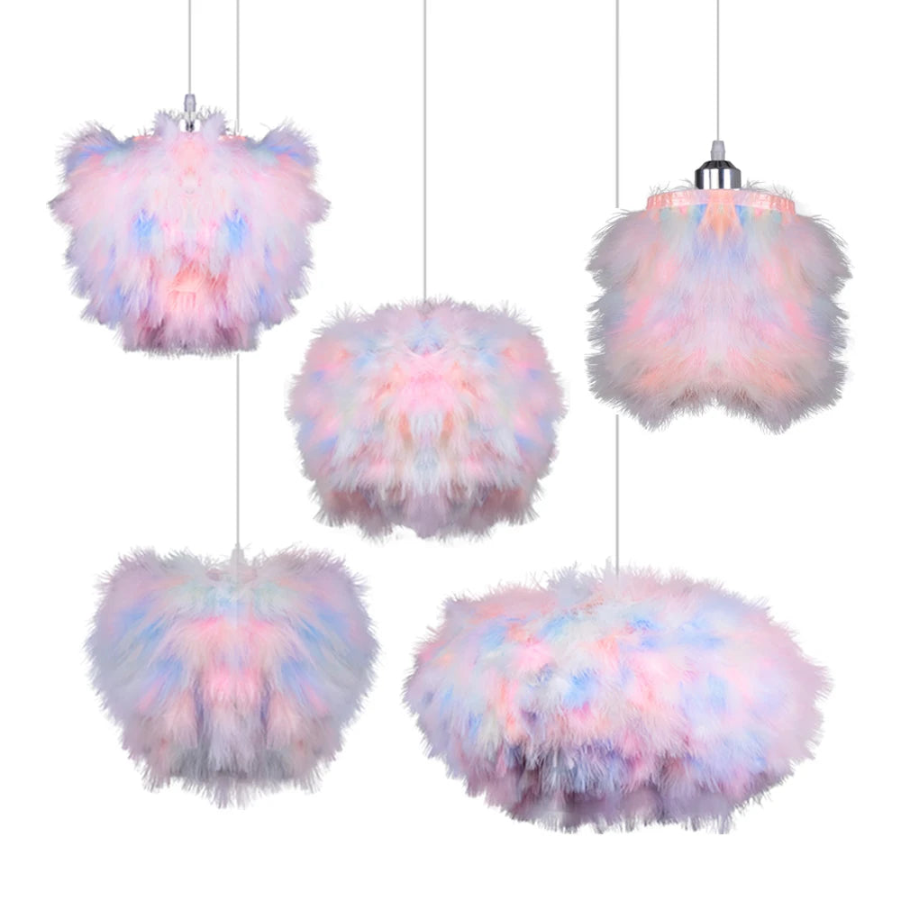 Lustre en plumes pastel multicolores, 5 formes de 15 à 35 cm, E27
