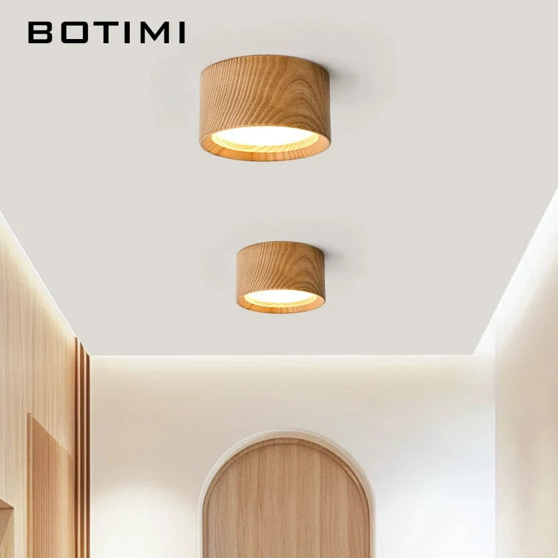Petit plafonnier LED rond en bois, noir ou naturel, Ø 9,5 cm