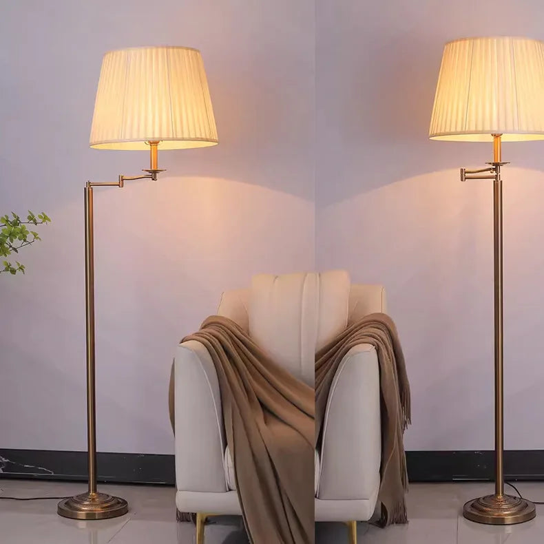 Lampadaire liseuse rétro bronze à bras pivotant, abat-jour plissé
