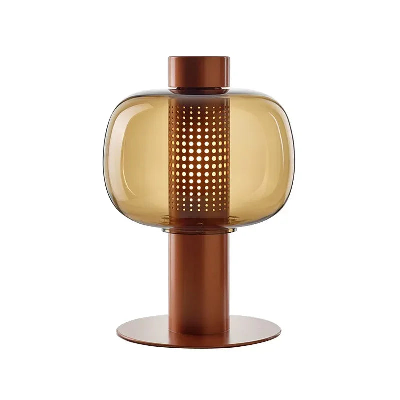 Lampe lanterne en verre et cylindre de métal perforé, 42 cm