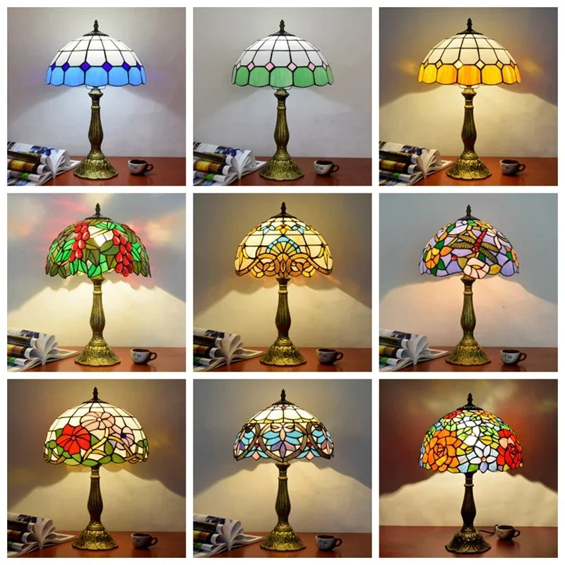 Grande lampe de table Tiffany 30 cm en vitrail, 16 décors au choix