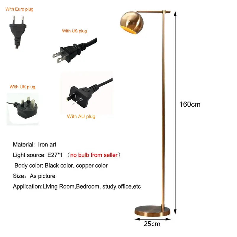 Lampadaire de lecture à globe cuivré ou noir, tige fine, 160 cm