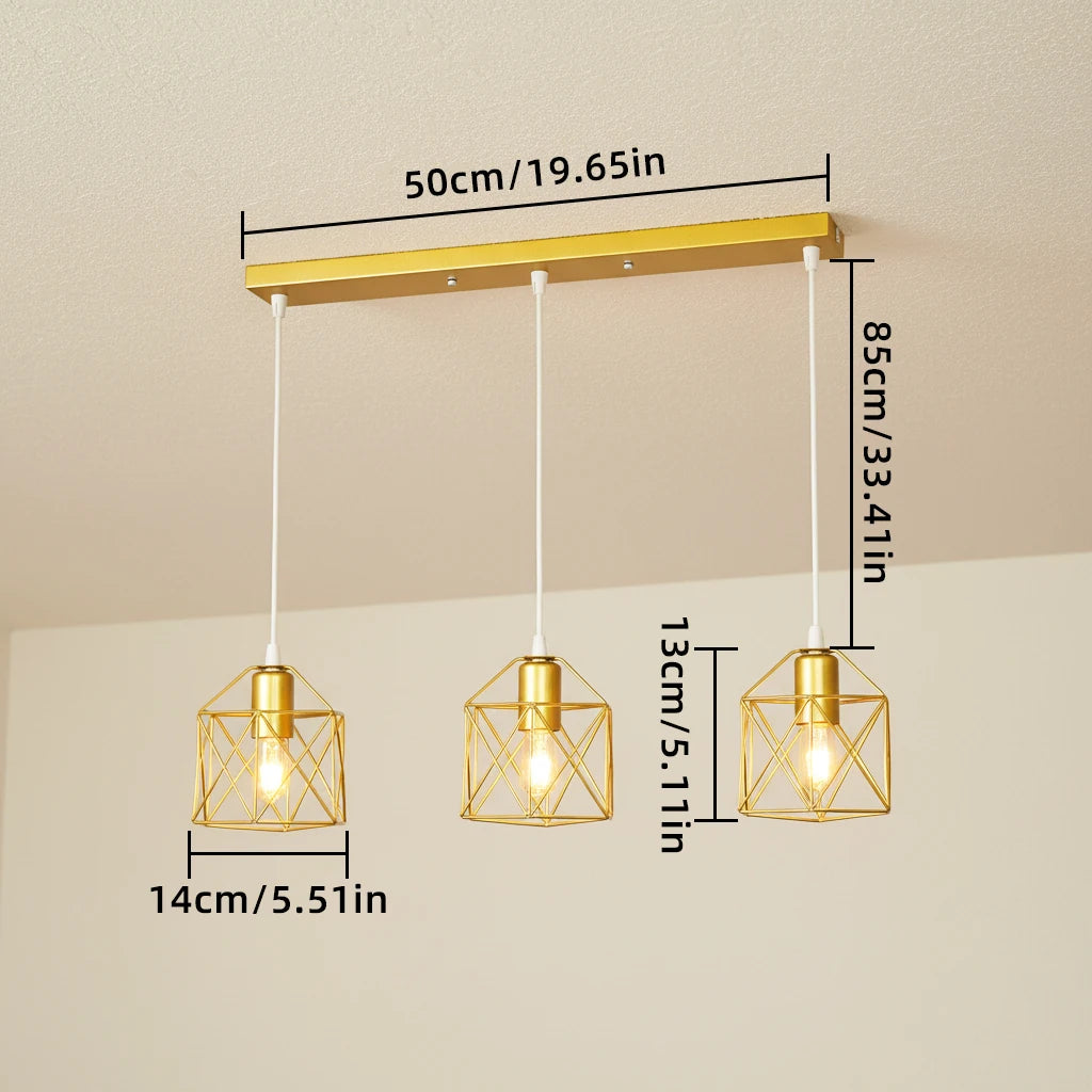 Suspension 3 lampes cages dorées, rosace ronde en cascade ou barre