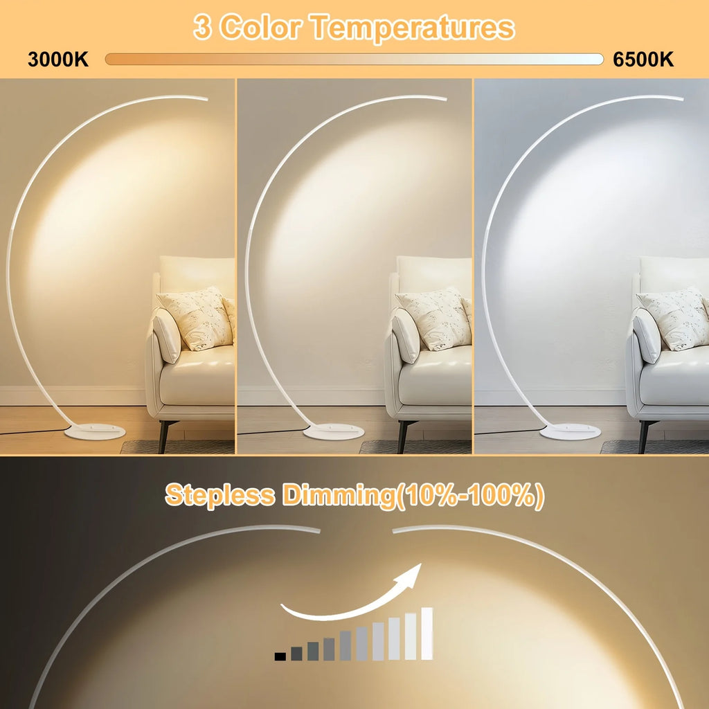Lampadaire arc LED blanc ou doré, 165 cm, de 3000 à 6500 K