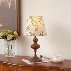 Lampe de chevet rétro en bois tourné, abat-jour fleuri, E27