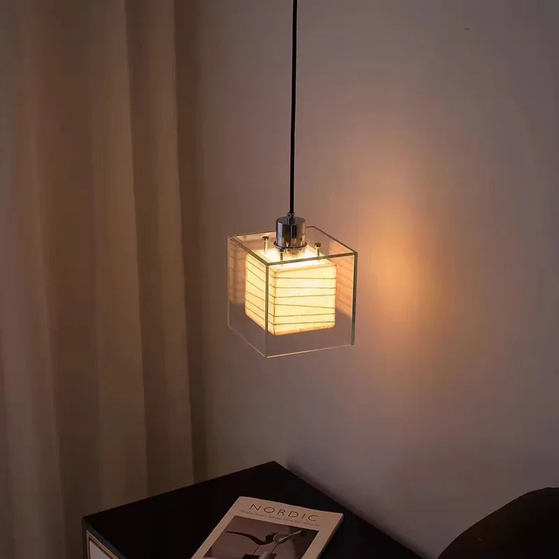 Lampe cube en papier de riz sous verre, à poser, murale ou suspendue