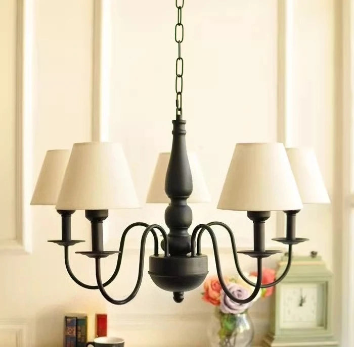 Lustre rustique en fer noir à abat-jour en tissu, 3 à 6 bras