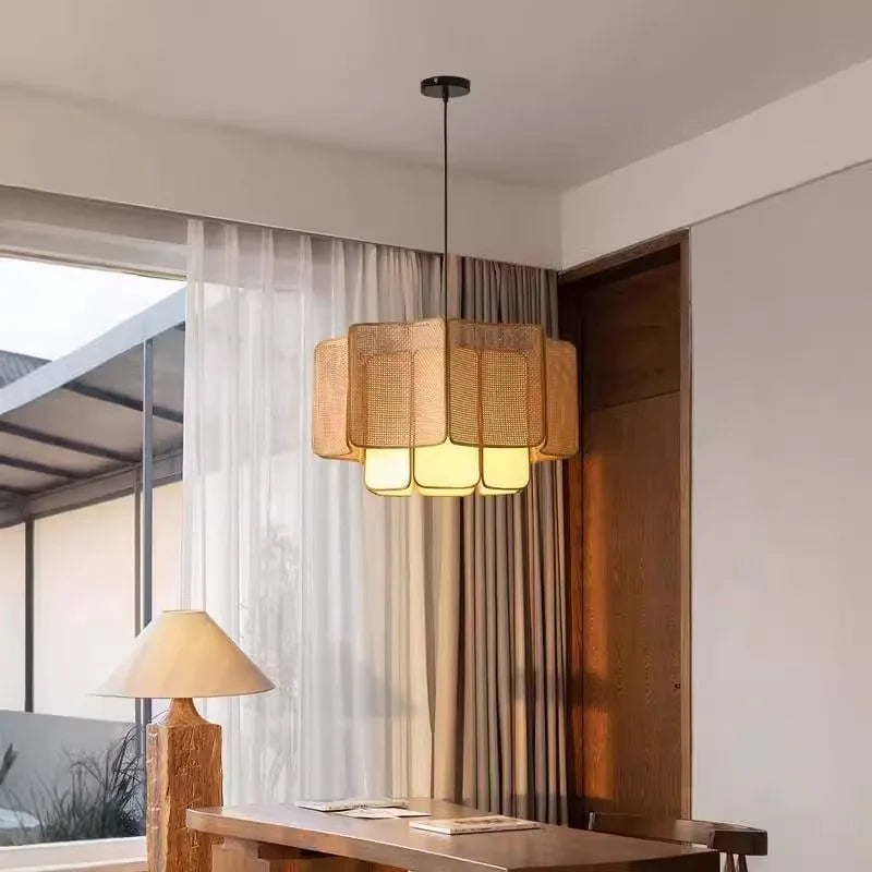 Suspension octogonale en cannage de rotin et tissu, Ø 40 ou 50 cm