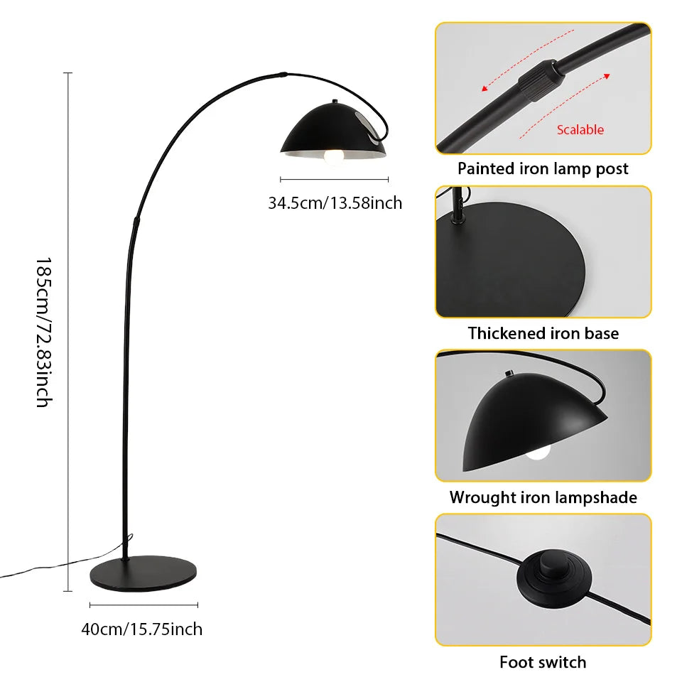 Lampadaire arc noir 185 cm, grand dôme Ø 34,5 cm et socle Ø 40