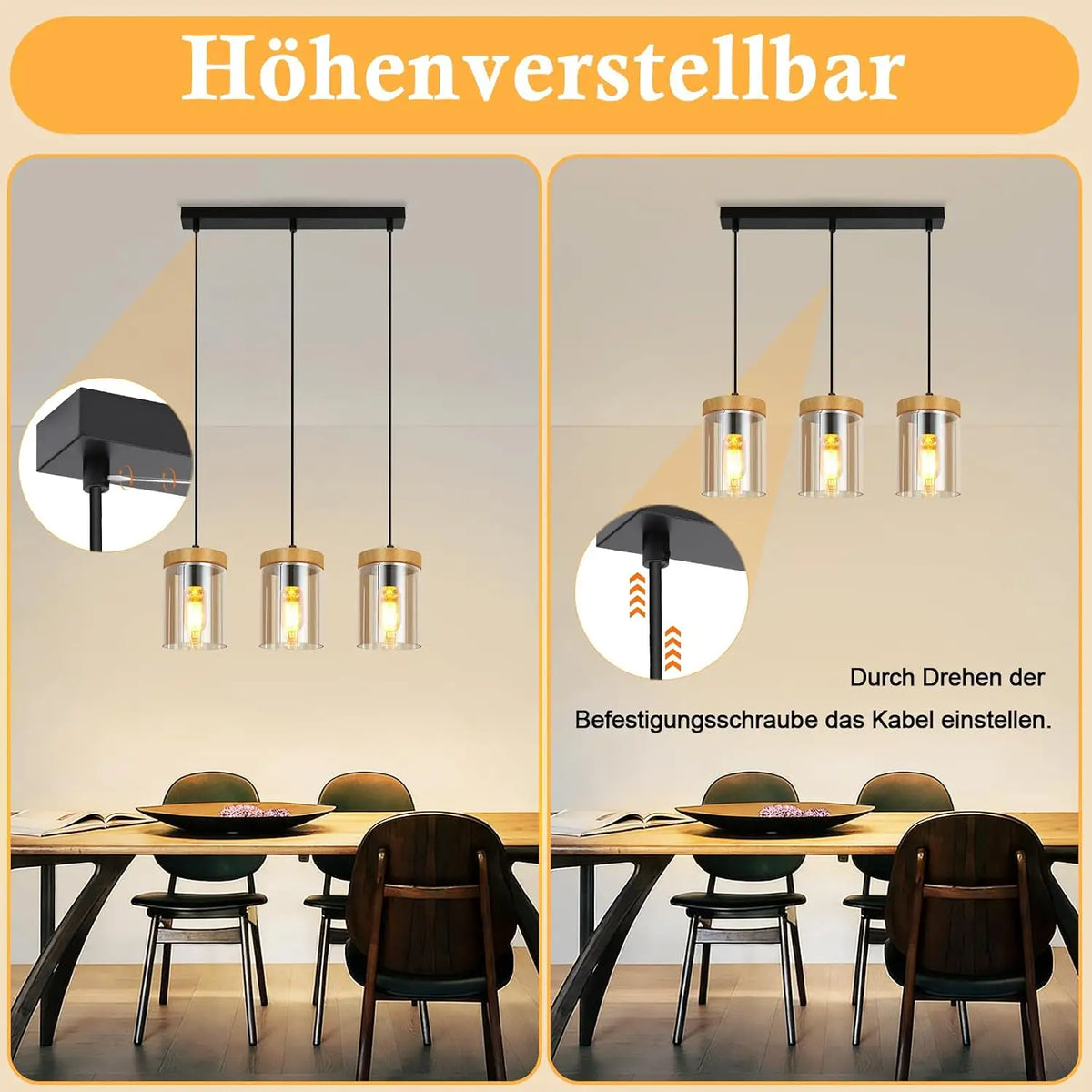 Suspension en verre ambré et coiffe effet bois, 1 ou 3 lumières