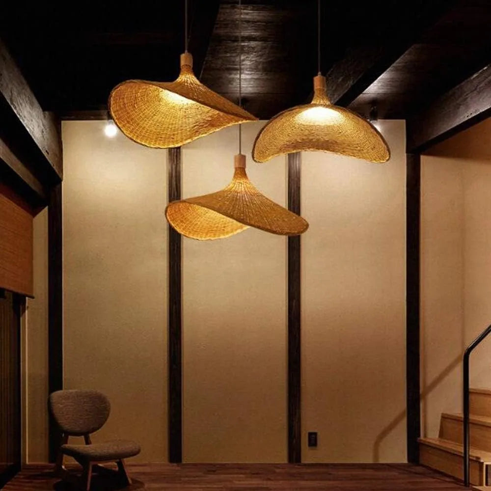 Suspension chapeau conique en bambou tressé serré, Ø 50 cm