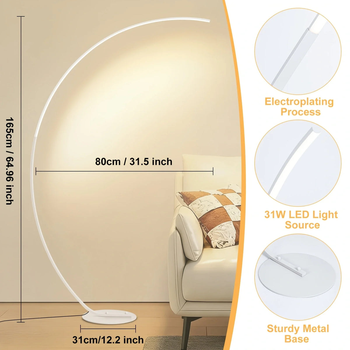 Lampadaire arc LED blanc ou doré, 165 cm, de 3000 à 6500 K