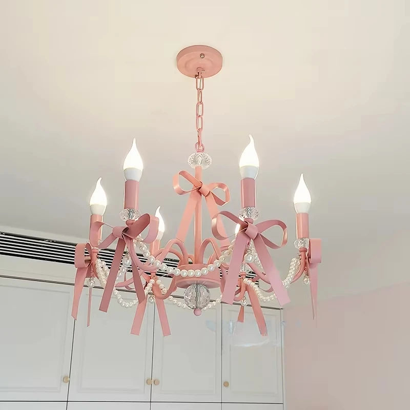 Lustre rose à nœuds et perles pour chambre de fille, 3 à 8 bougies