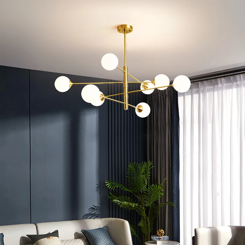 Lustre à globes opalins sur tige rigide, 6 ou 8 globes, noir ou doré