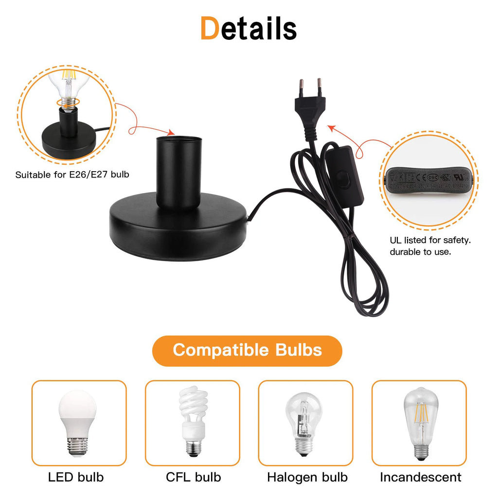 Socle de lampe E27 en métal avec câble et interrupteur, 3 finitions