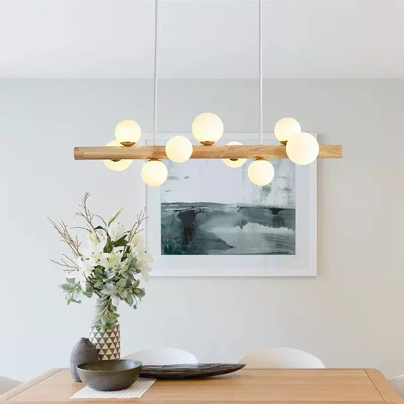 Lustre barre en bois à globes de verre opalin, 5 à 9 lumières LED