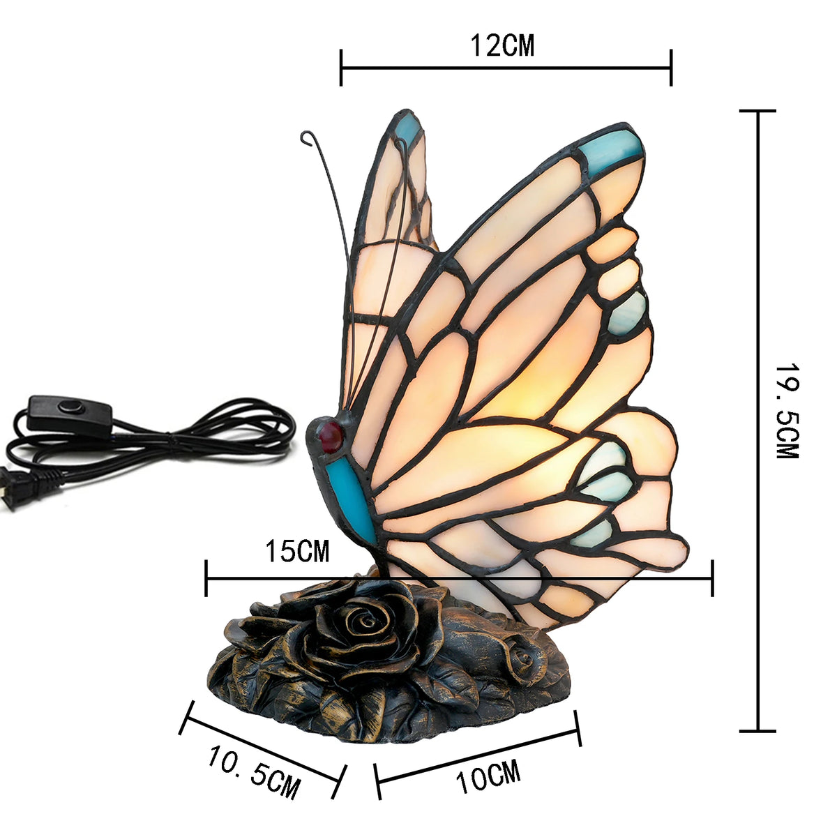 Lampe papillon style Tiffany en vitrail crème et bleu, socle à roses