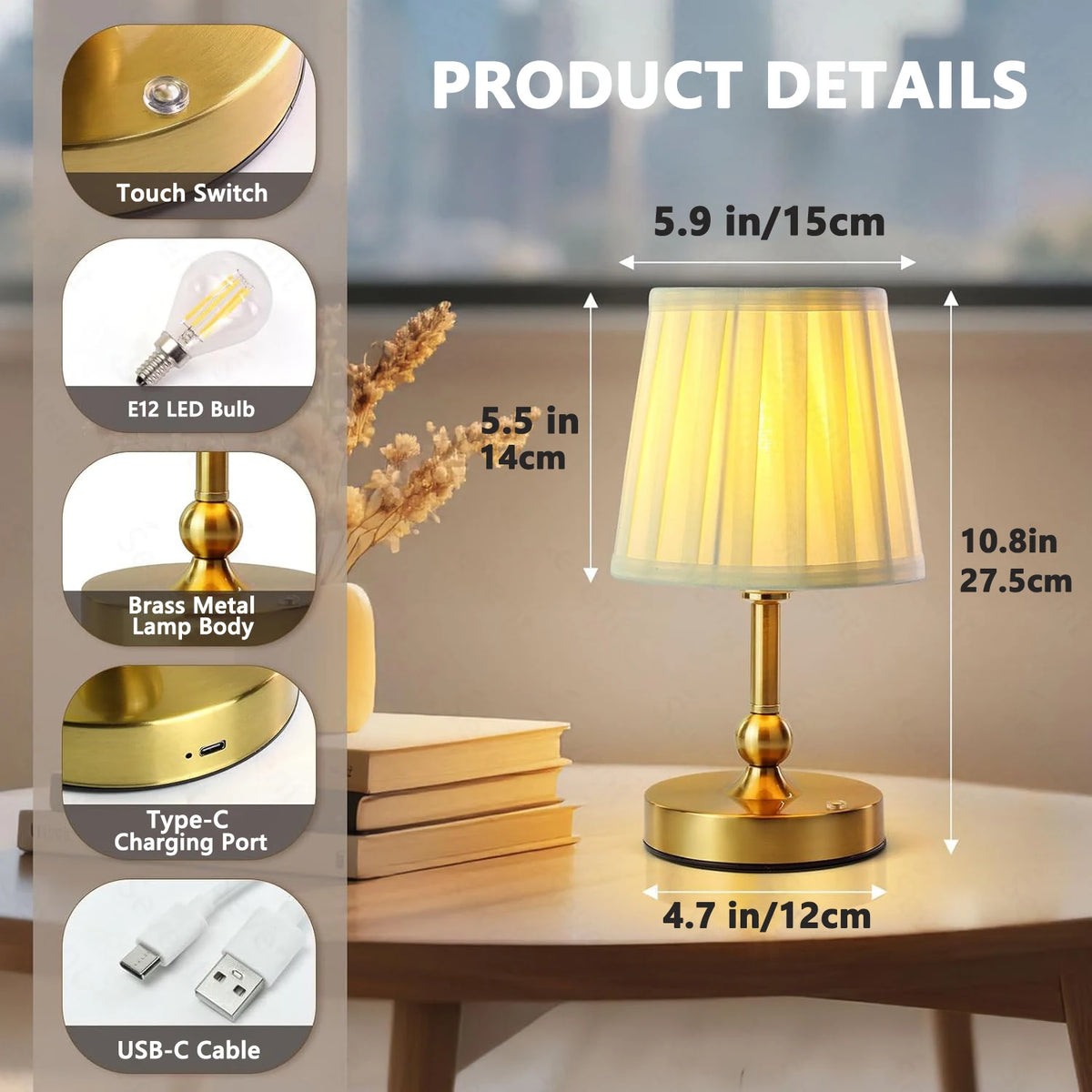 Lampe de chevet sans fil dorée à abat-jour plissé, ampoule E12