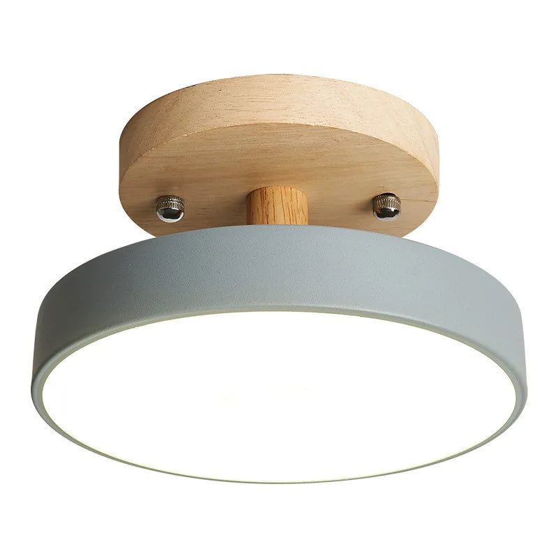 Petit plafonnier de couloir Ø 18 cm, socle en bois et abat-jour coloré