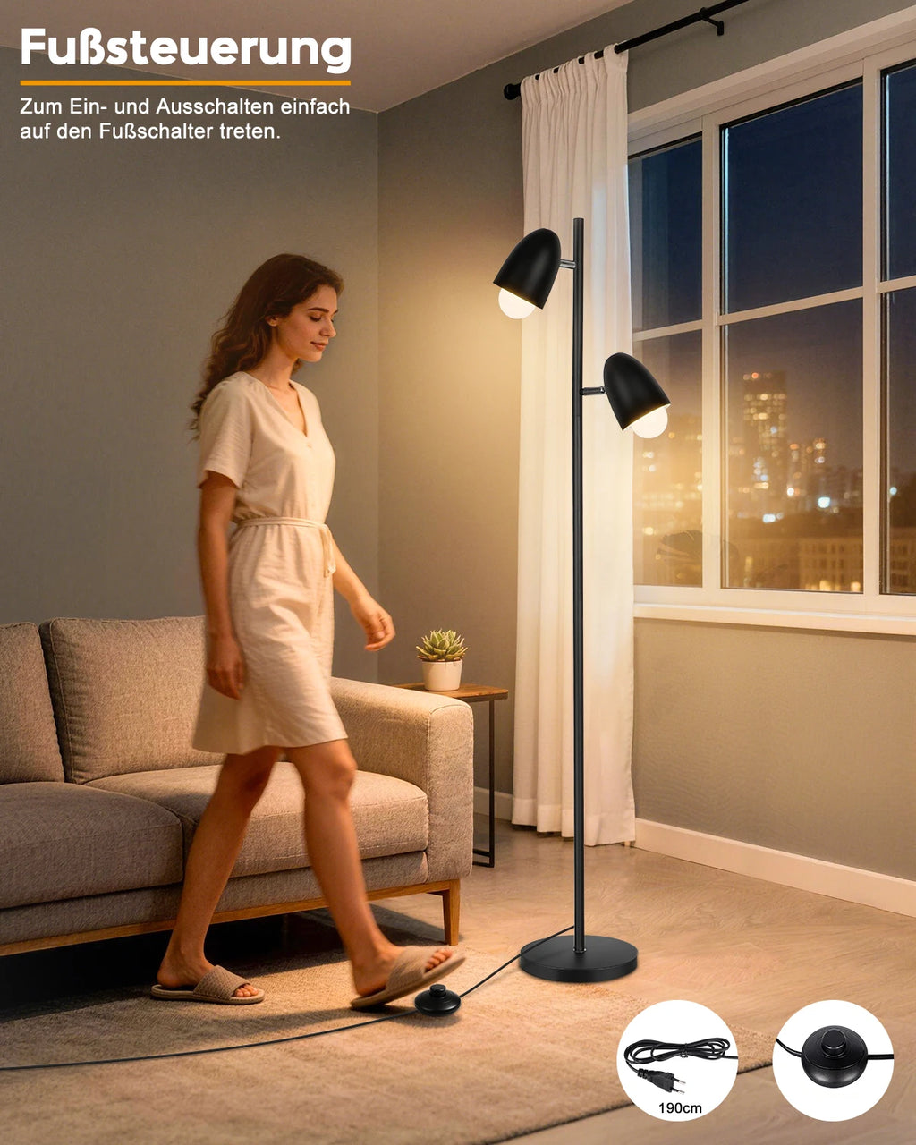 Lampadaire noir à deux têtes orientables, 163 cm, ampoules fournies