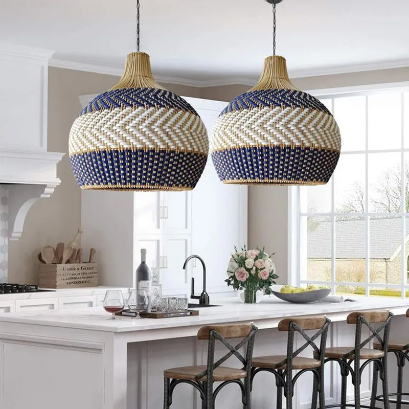 Suspension en rotin bicolore à chevrons, douze coloris, Ø 30 à 60 cm