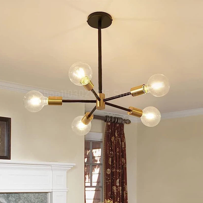 Lustre Sputnik noir et doré à 6 bras, douilles E27 apparentes