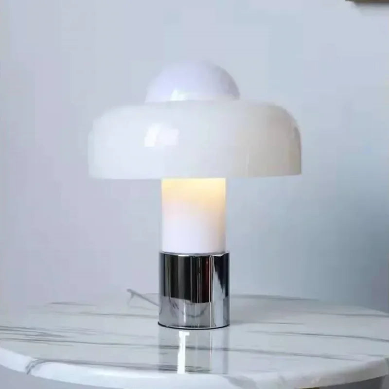 Lampe champignon en verre orange ou blanc, pied chromé, 35 cm