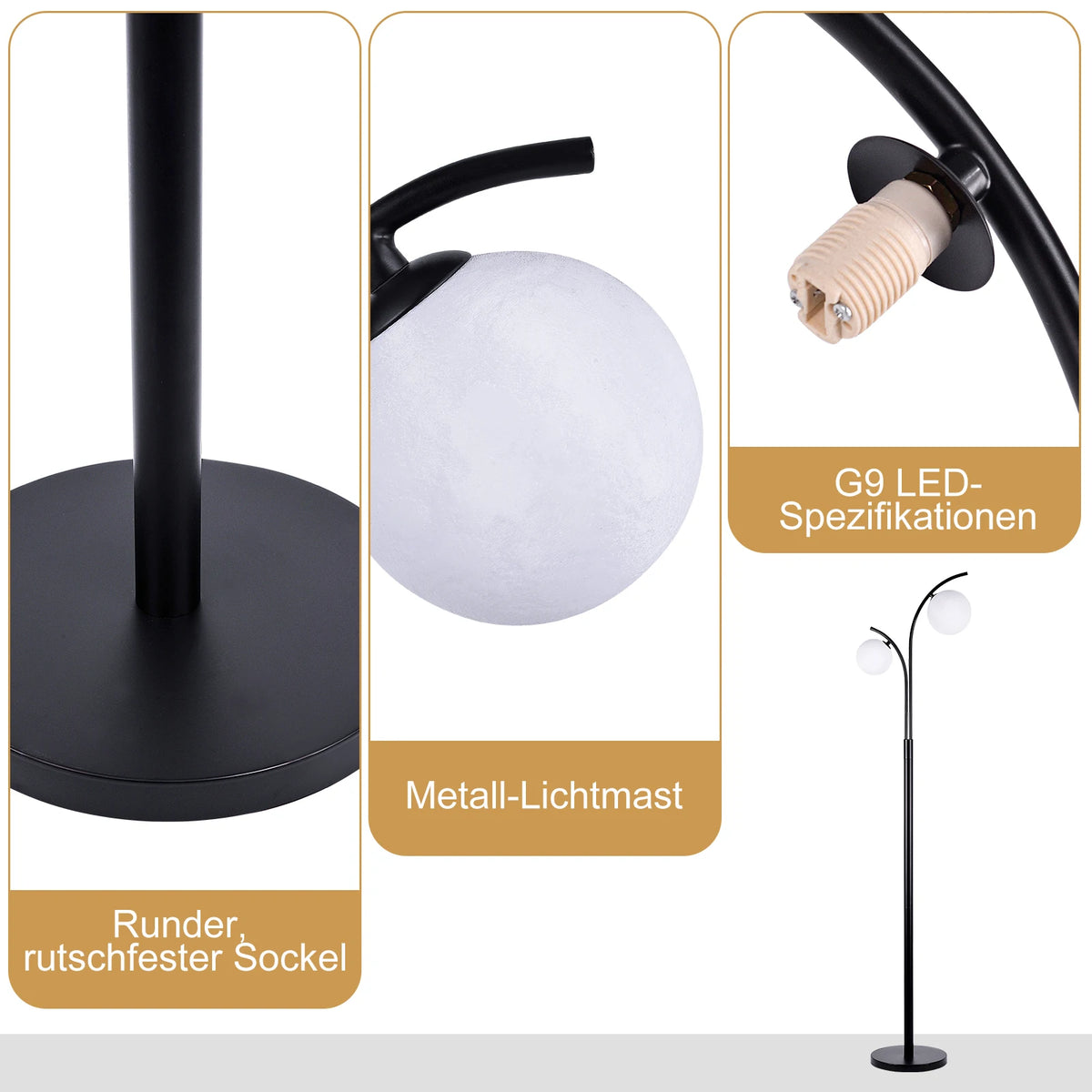 Lampadaire noir à deux globes en verre opalin, 160 cm, LED G9