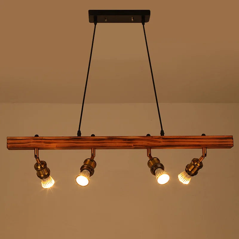 Lustre poutre en bois de 80 cm à 4 douilles dorées orientables