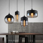 Suspension industrielle verre et chapeau noir ou effet bois, 4 formes
