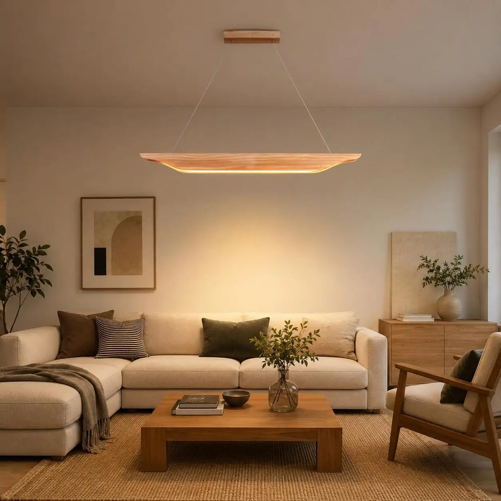 Suspension linéaire en bois LED 90 cm, lumière et intensité réglables