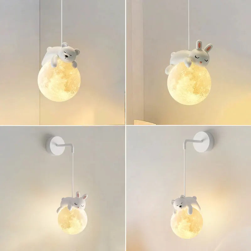 Suspension chambre d'enfant lune et lapin ou ours endormi, G9 LED