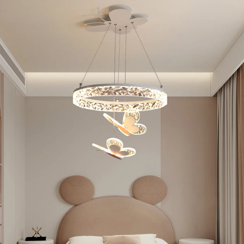 Lustre LED à anneau et papillons pour chambre de fille, rose ou blanc