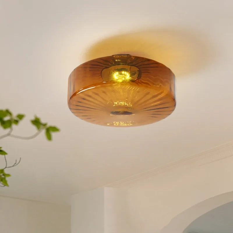 Plafonnier LED tambour en verre ambré strié, Ø 20, 28 ou 38 cm