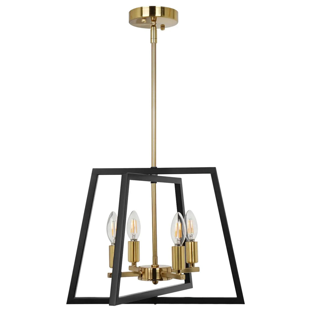 Lustre cage noir et doré à 4 bougies E14, tiges réglables