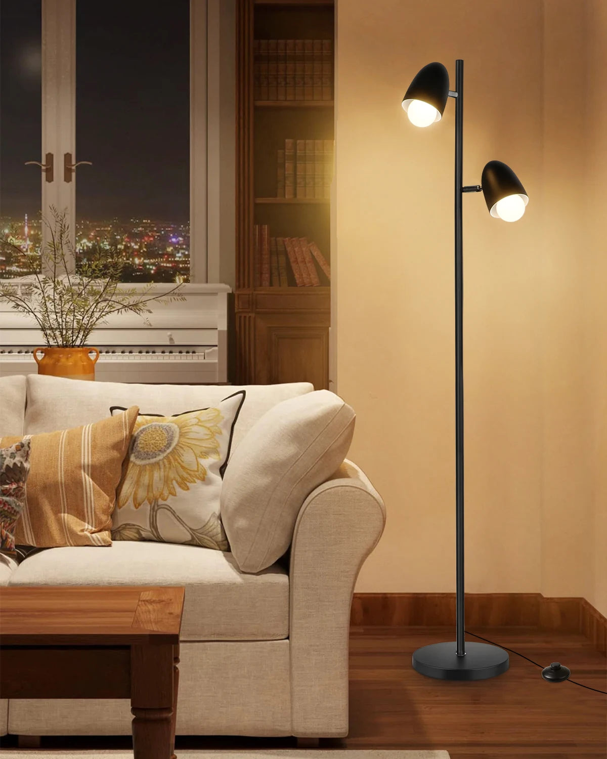 Lampadaire noir à deux têtes pour lire et tamiser