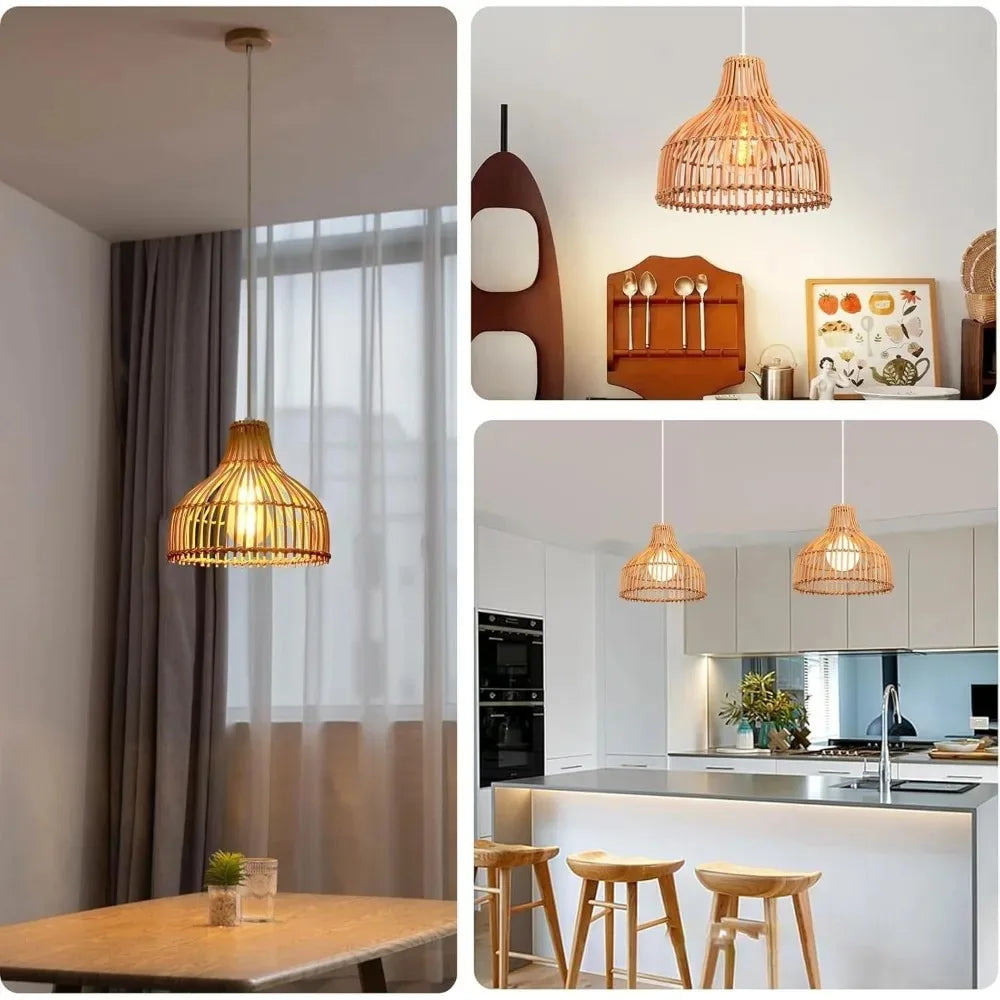 Petite suspension tulipe en lattes de rotin Ø 24 cm, rosace bois