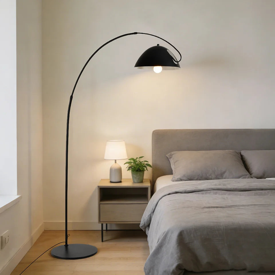 Lampadaire arc noir 185 cm, grand dôme Ø 34,5 cm et socle Ø 40