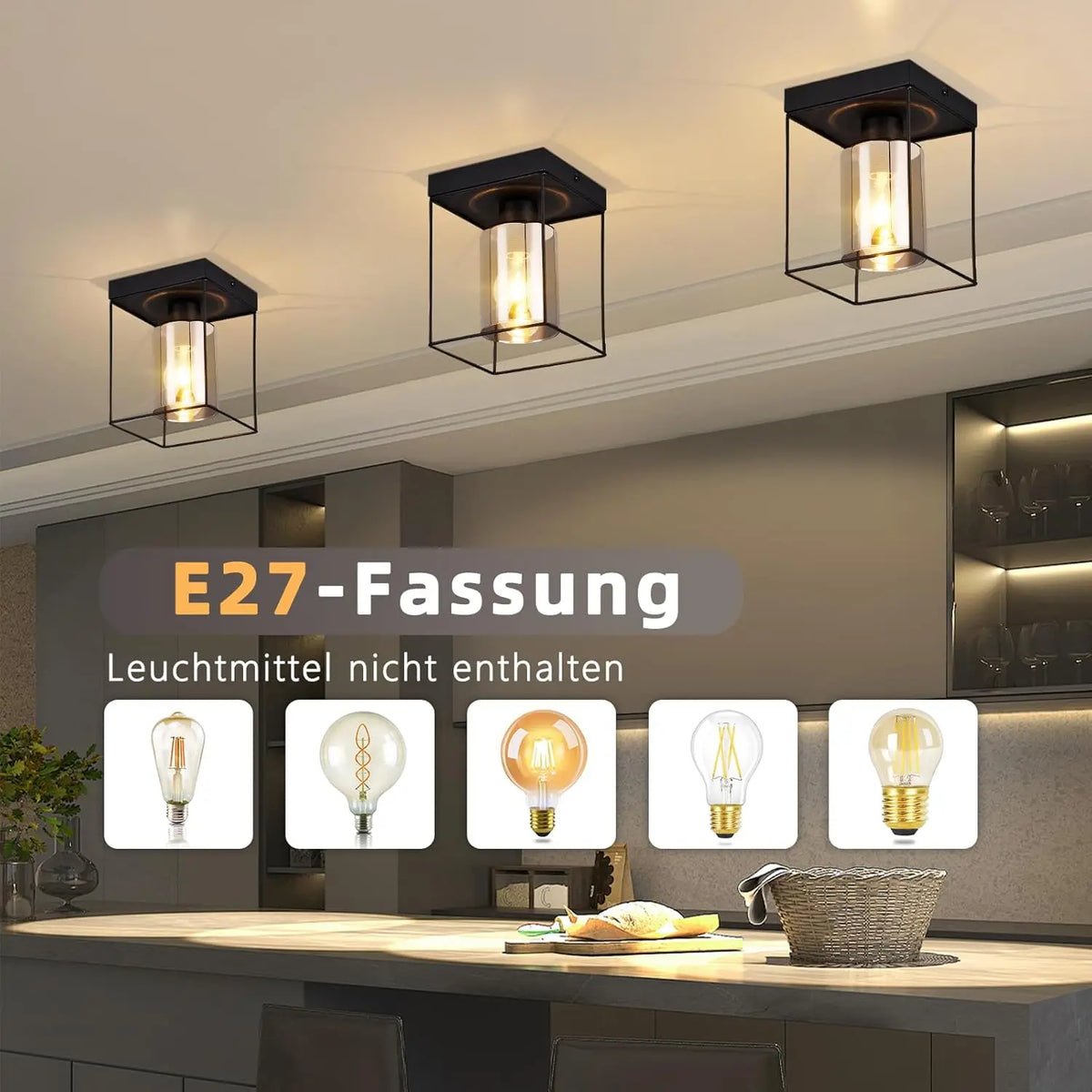 Plafonnier cage noire et cylindre en verre fumé, E27, 1 ou 4 lumières