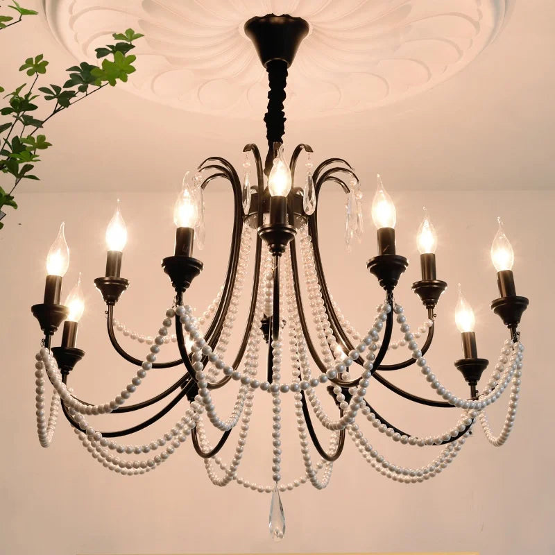 Lustre noir à perles et pampilles de style français, bougies E14
