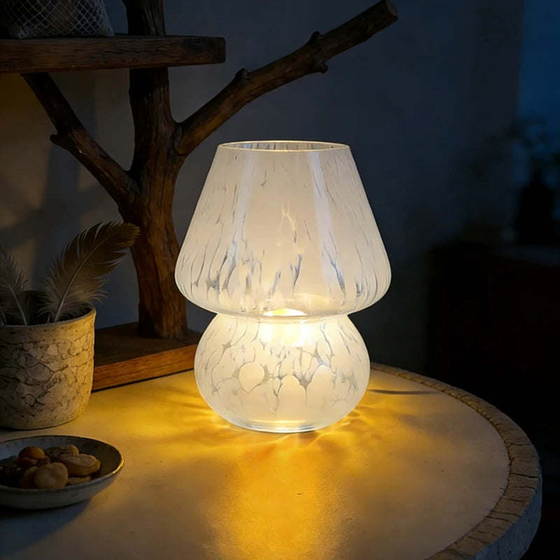 Lampe champignon en verre moucheté, USB, trois teintes, 18 cm