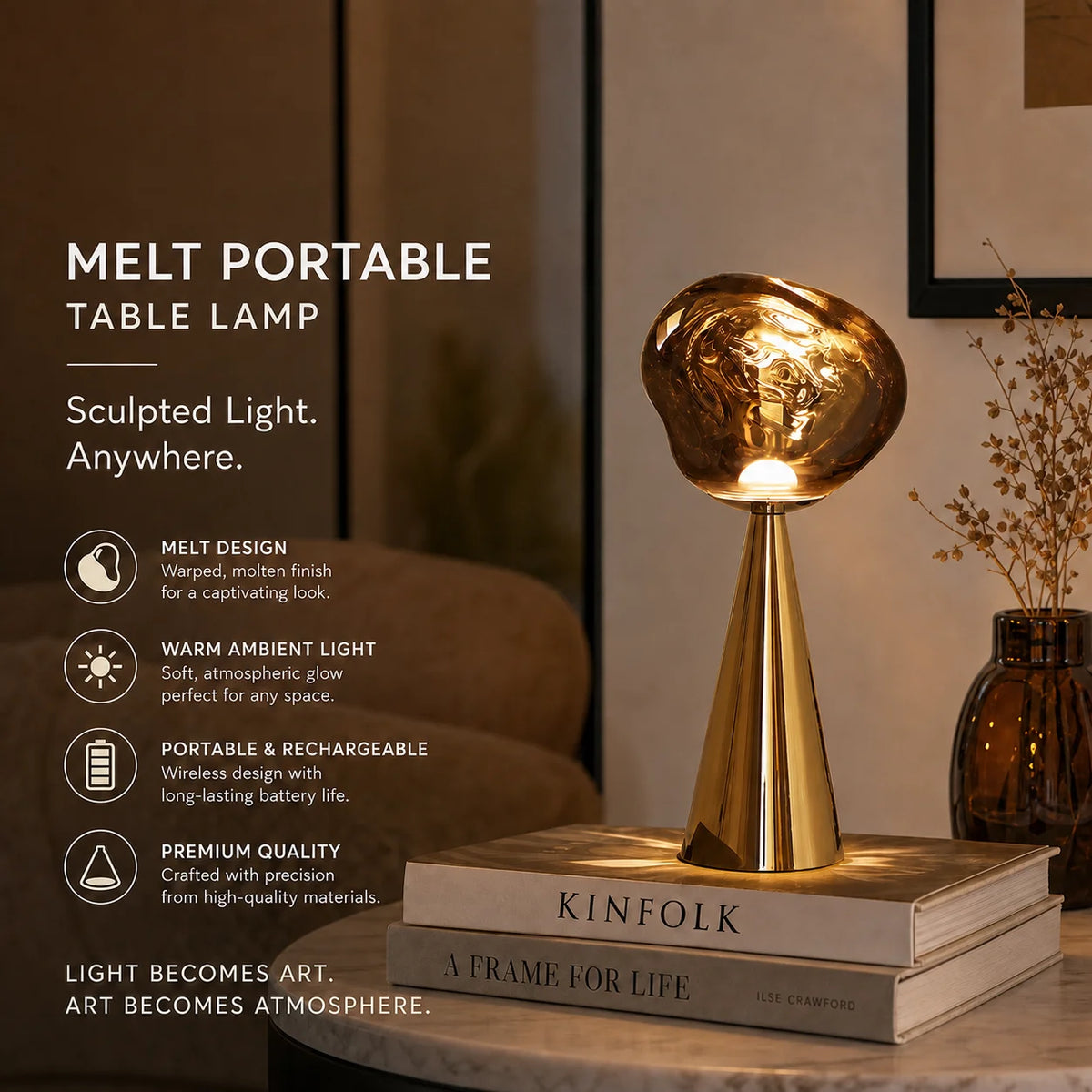 Lampe de table sans fil à globe en verre fondu, pied conique