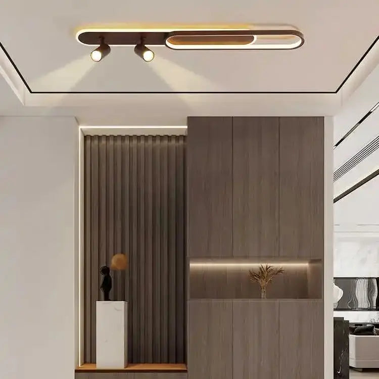 Plafonnier LED long finition noyer avec spots orientables, 60 à 120 cm