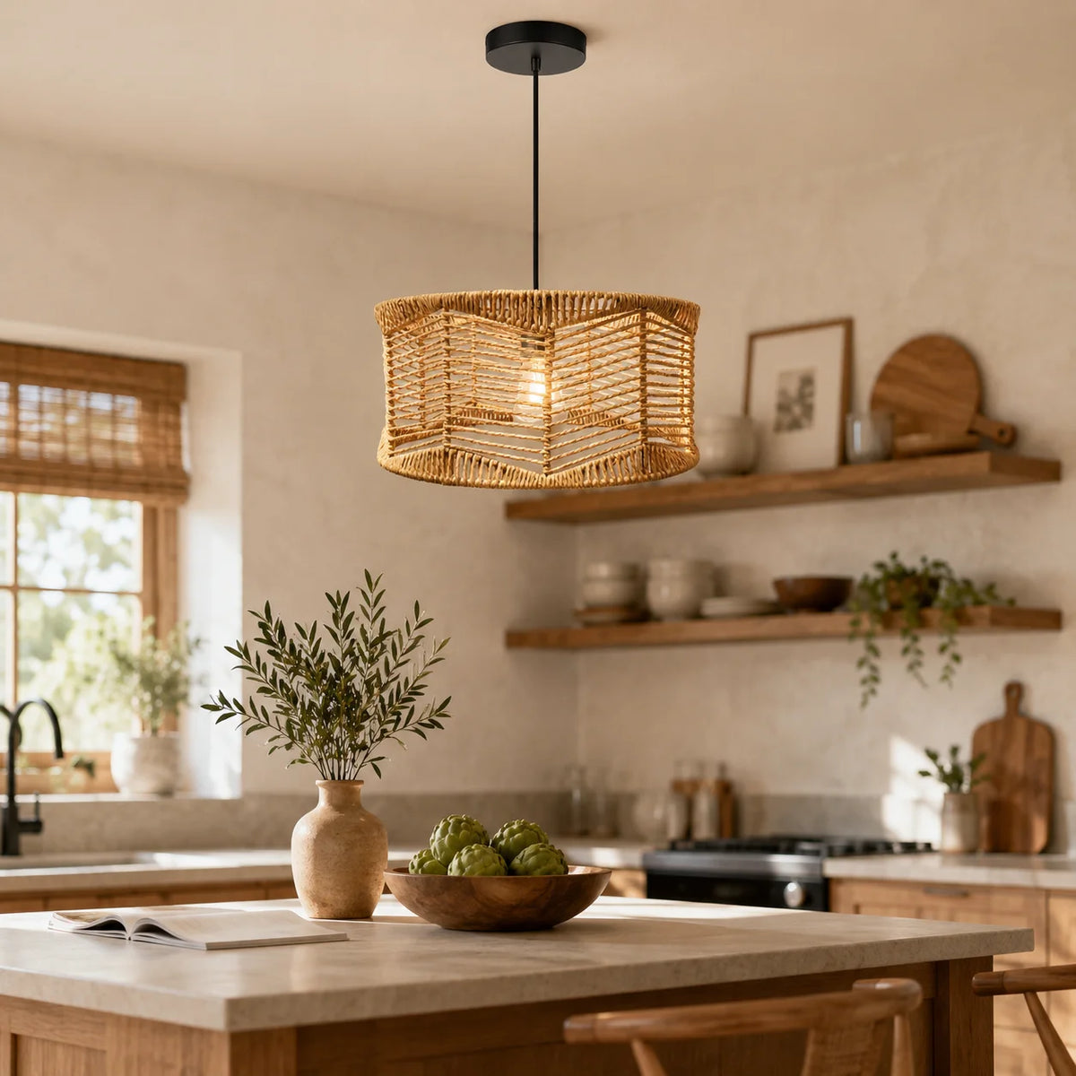 Lustre tambour en corde tressée au motif zigzag
