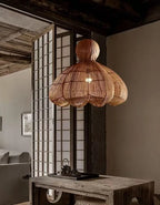 Suspension calebasse en bambou tressé brun, jupe festonnée Ø 50 cm