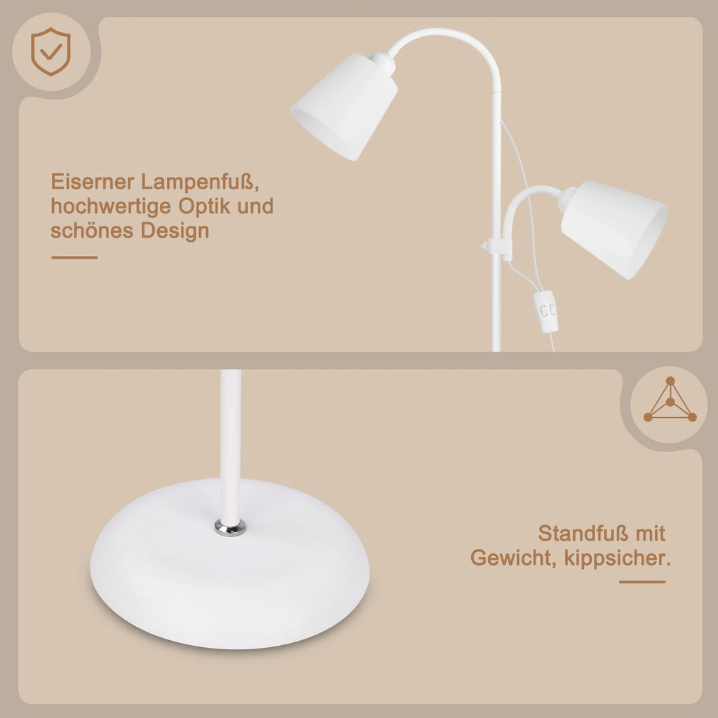 Lampadaire blanc à deux têtes flexibles pour la lecture, E27
