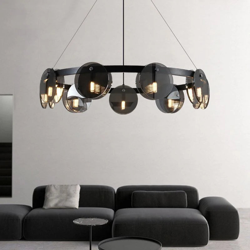 Lustre noir à disques de verre fumé, barre ou couronne LED